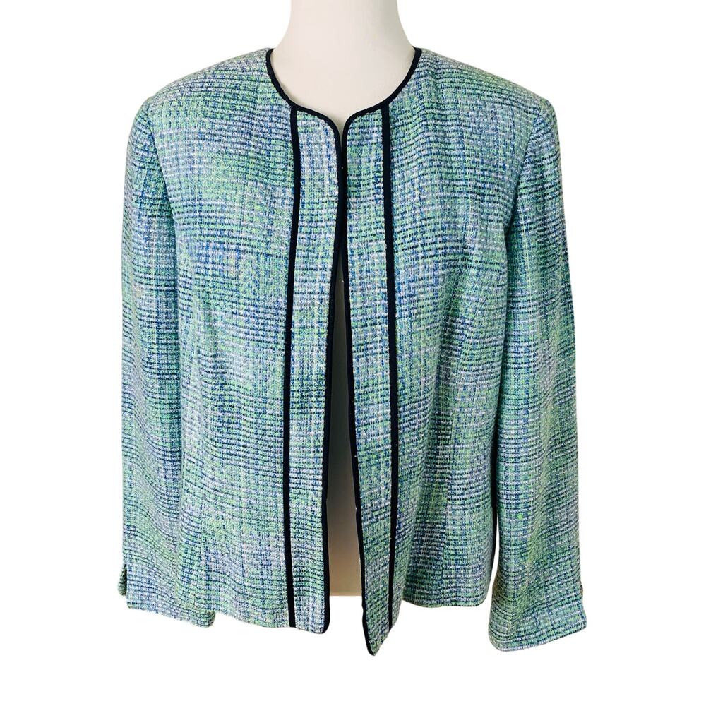 Requirements Size 14 Women's Long Sleeve Green And Blue Open Blazer Tweed